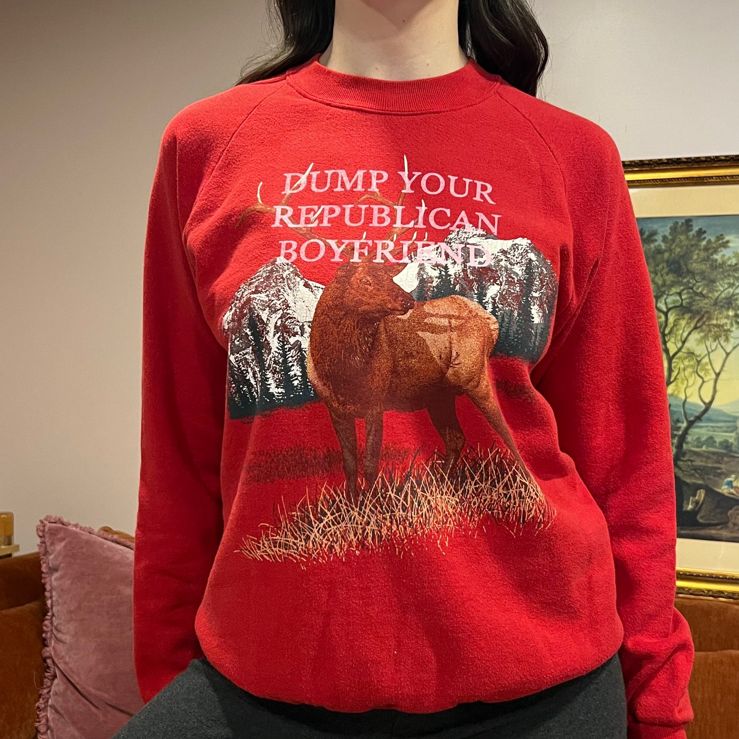 DUMP YOUR REPUBLICAN BOYFRIEND animal crewneck with pink text (S)