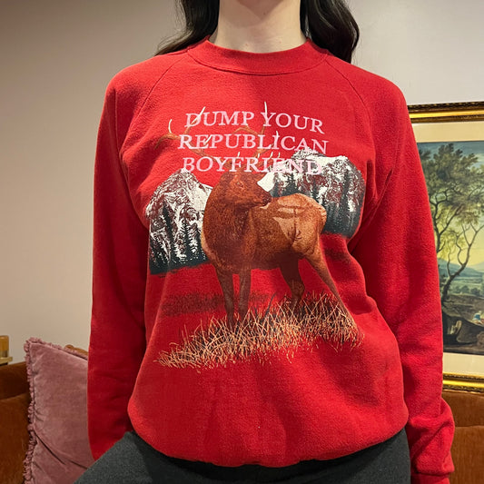 DUMP YOUR REPUBLICAN BOYFRIEND animal crewneck with pink text (S)