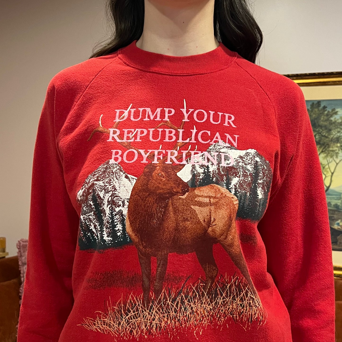 DUMP YOUR REPUBLICAN BOYFRIEND animal crewneck with pink text (S)