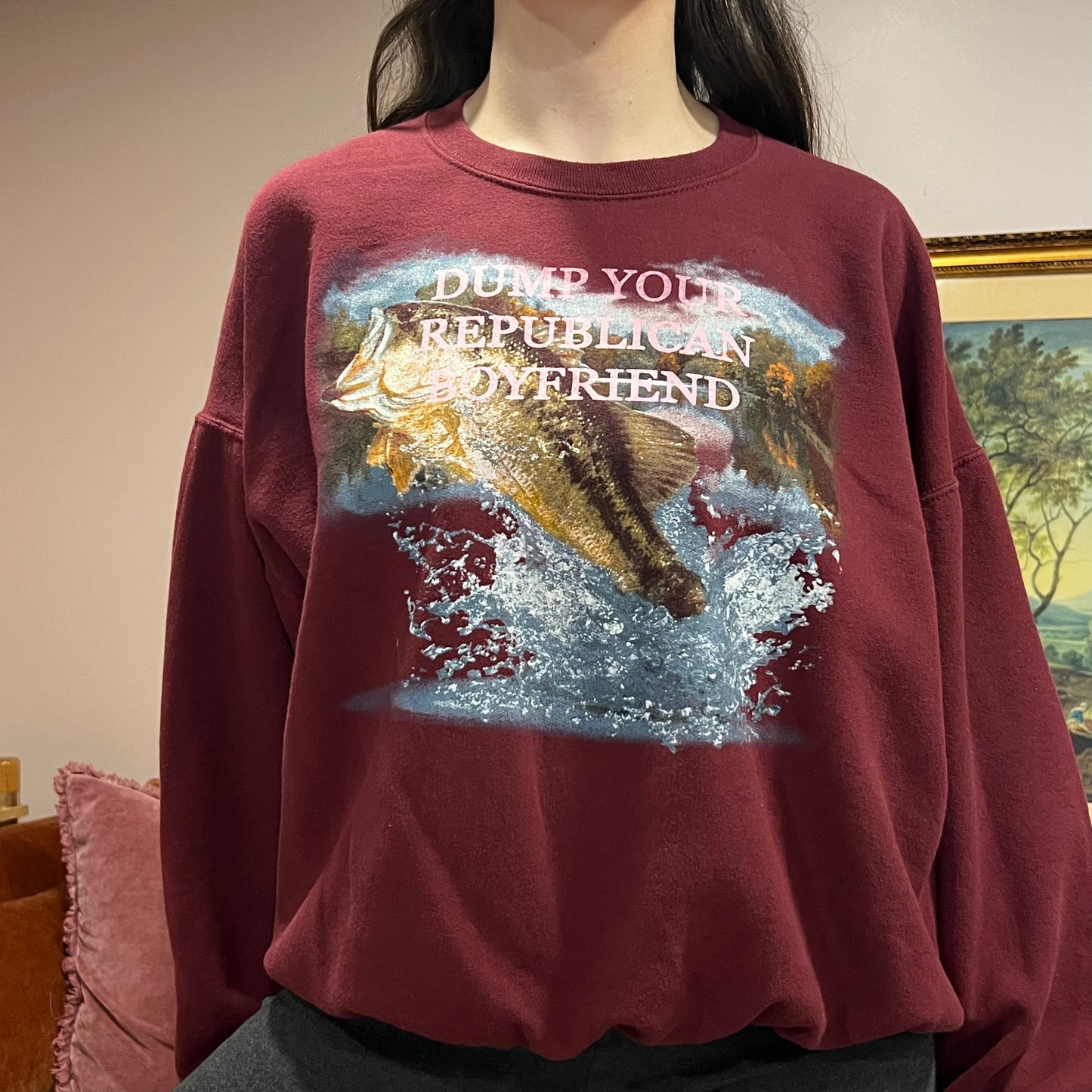DUMP YOUR REPUBLICAN BOYFRIEND animal crewneck with pink text (M/L)