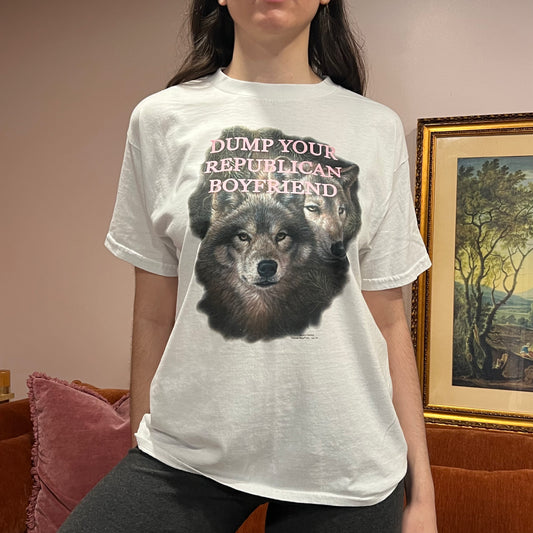 DUMP YOUR REPUBLICAN BOYFRIEND animal t-shirt with pink text (L)