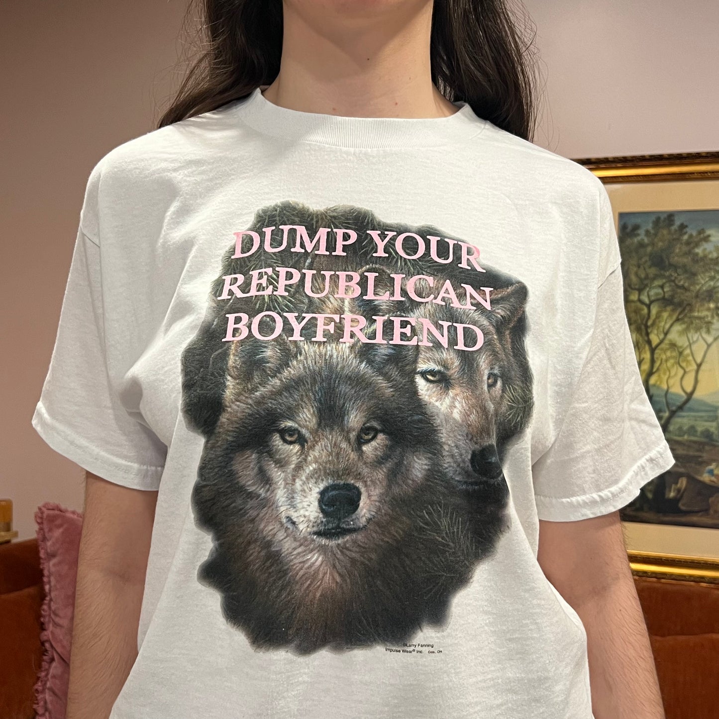DUMP YOUR REPUBLICAN BOYFRIEND animal t-shirt with pink text (L)