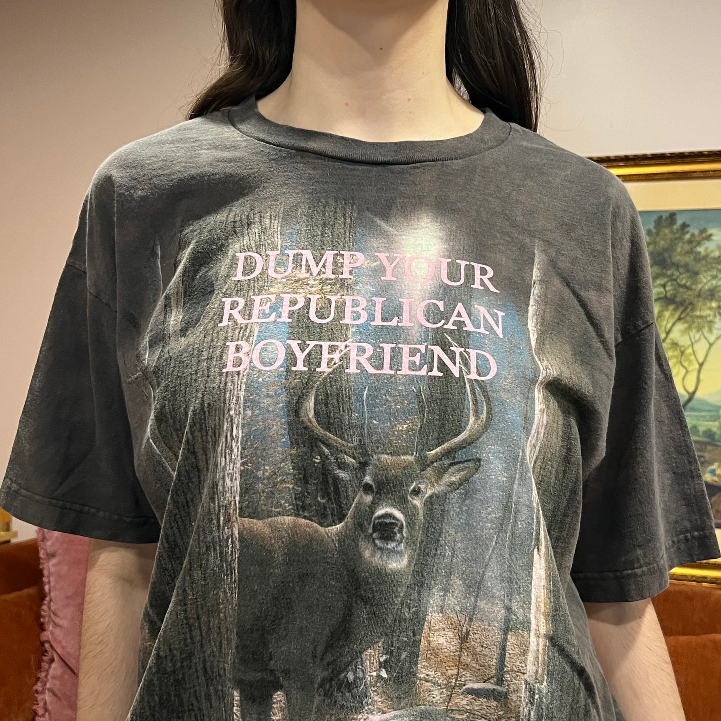 DUMP YOUR REPUBLICAN BOYFRIEND animal t-shirt with pink text (XL)
