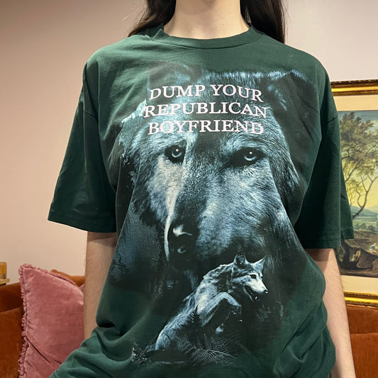 DUMP YOUR REPUBLICAN BOYFRIEND animal t-shirt with pink text (XL)