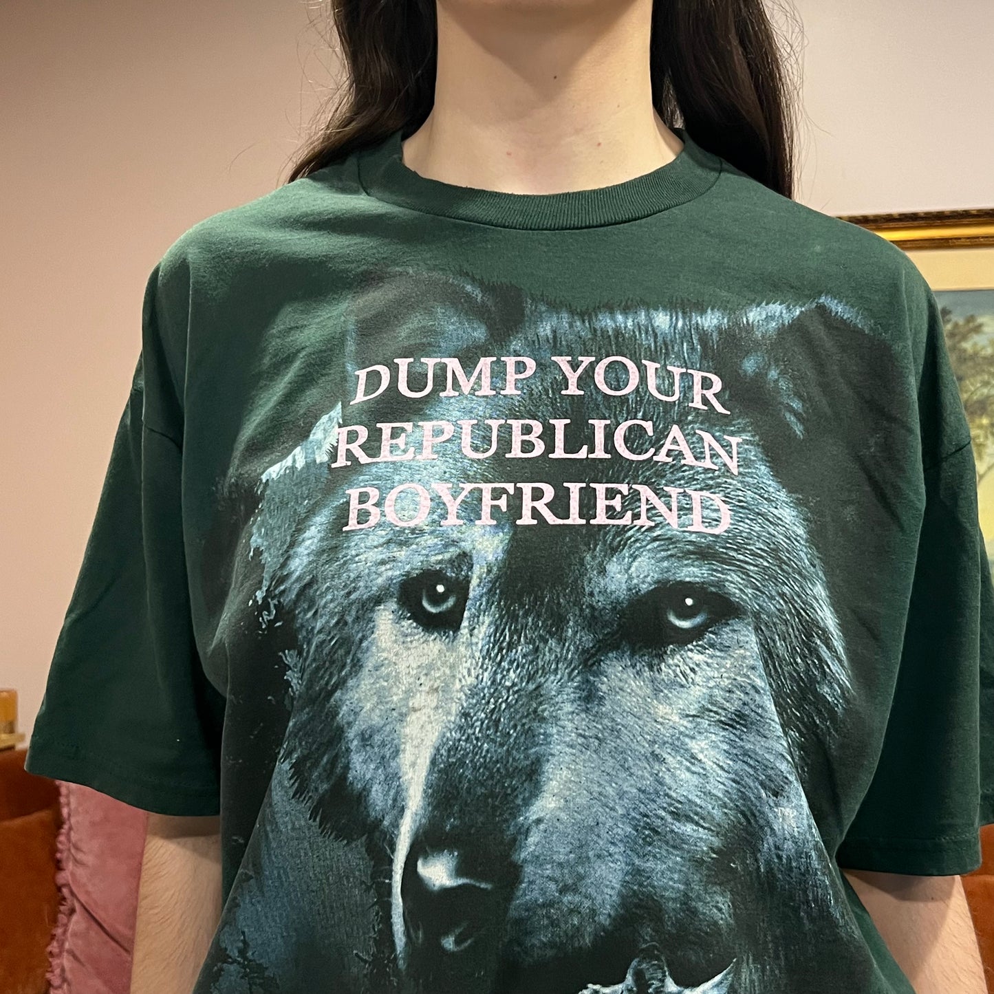 DUMP YOUR REPUBLICAN BOYFRIEND animal t-shirt with pink text (XL)