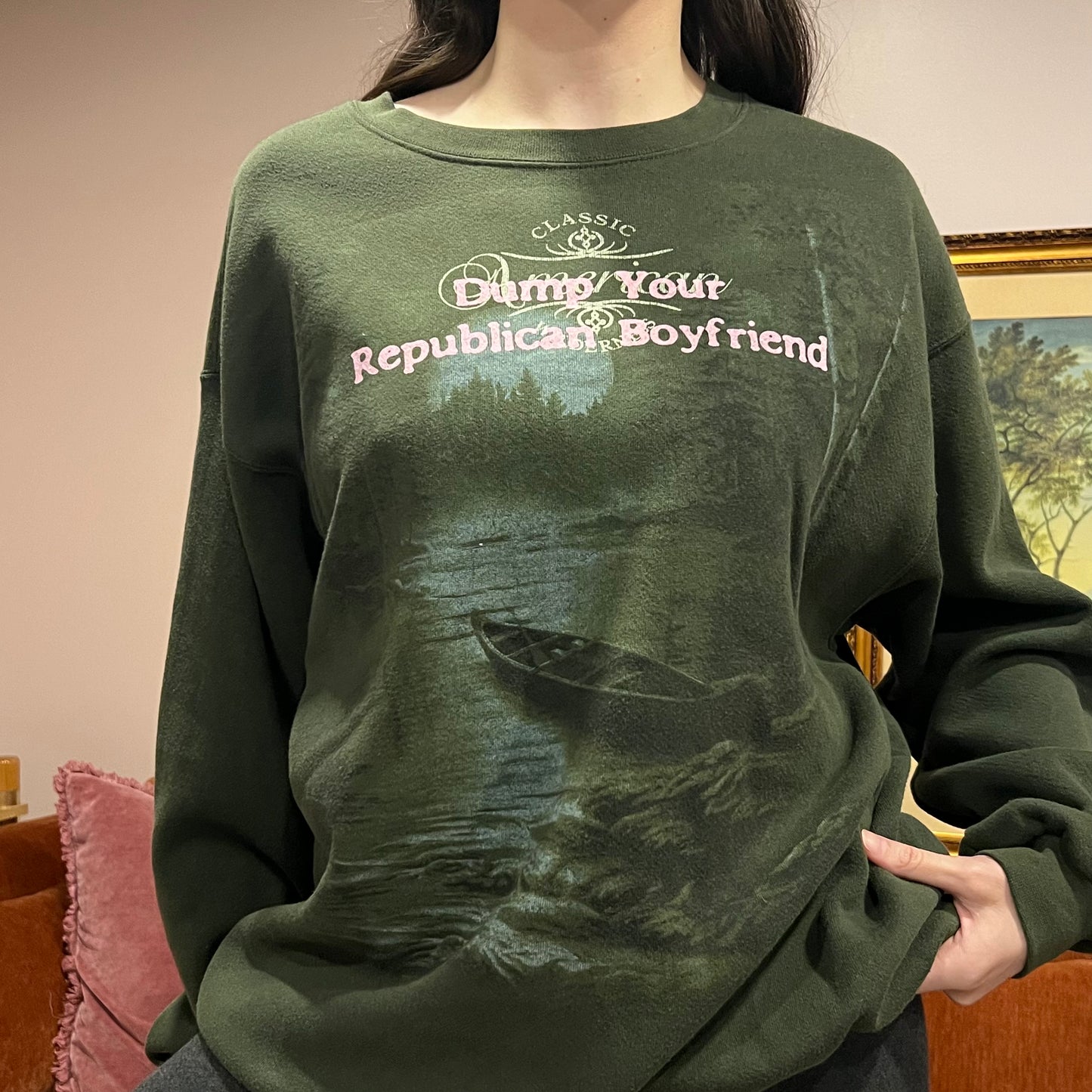 DUMP YOUR REPUBLICAN BOYFRIEND animal crewneck with pink text (XL)