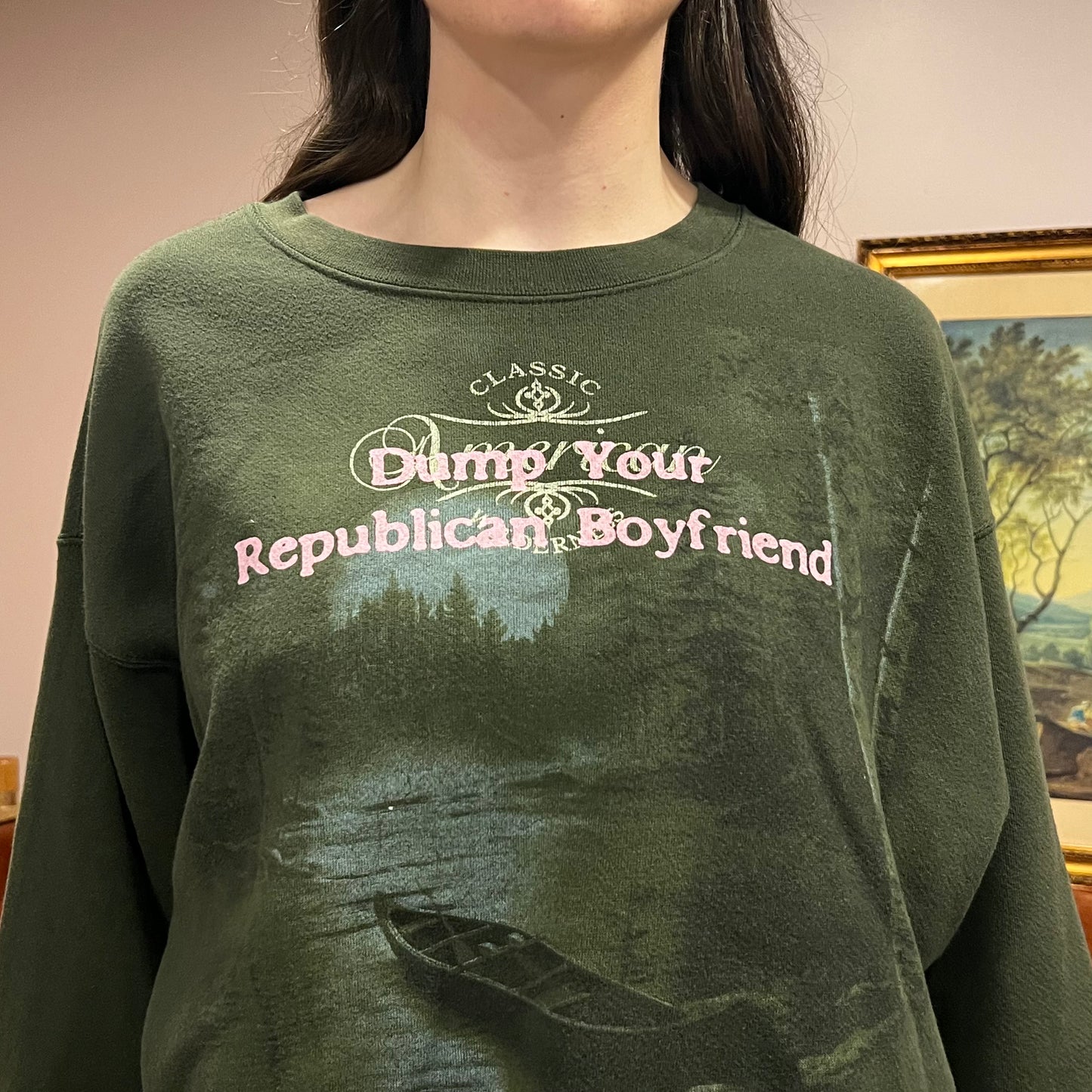 DUMP YOUR REPUBLICAN BOYFRIEND animal crewneck with pink text (XL)