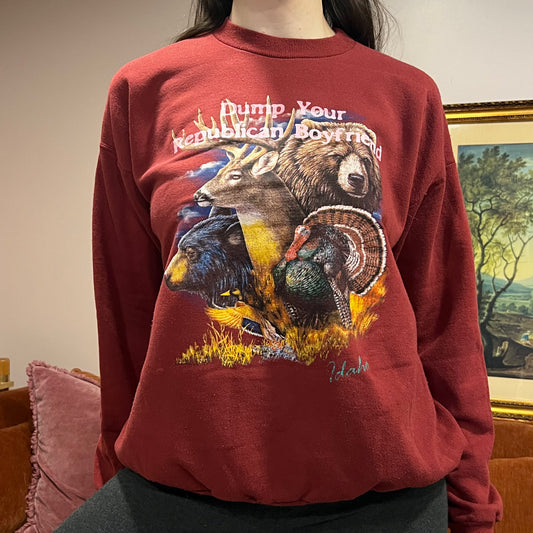 DUMP YOUR REPUBLICAN BOYFRIEND animal crewneck with pink text (XL)