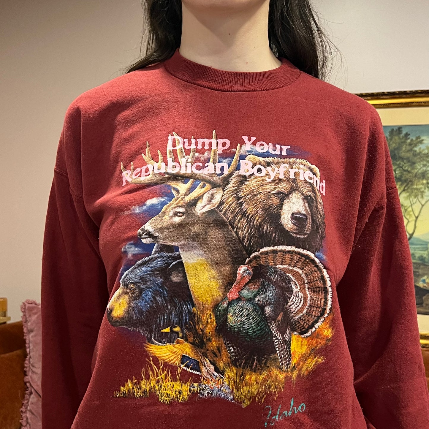 DUMP YOUR REPUBLICAN BOYFRIEND animal crewneck with pink text (XL)