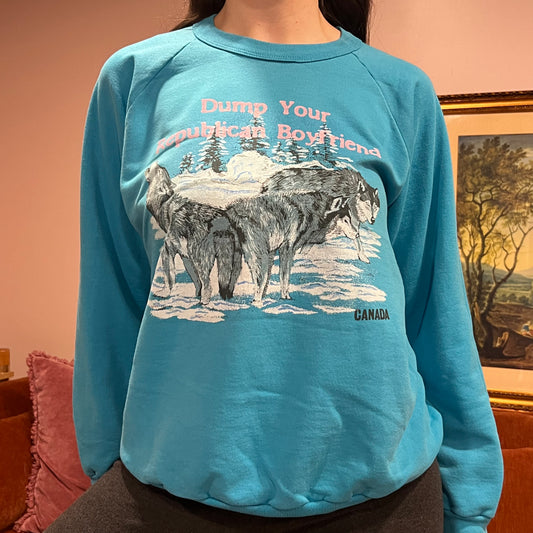DUMP YOUR REPUBLICAN BOYFRIEND animal crewneck with pink text (L)