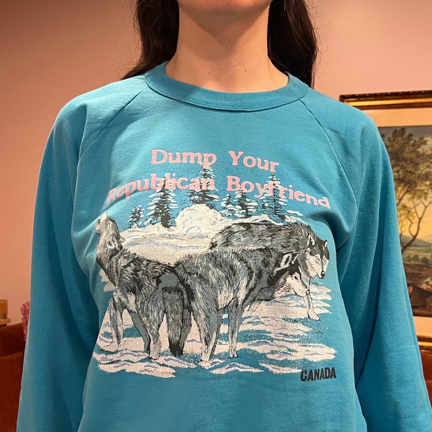DUMP YOUR REPUBLICAN BOYFRIEND animal crewneck with pink text (L)