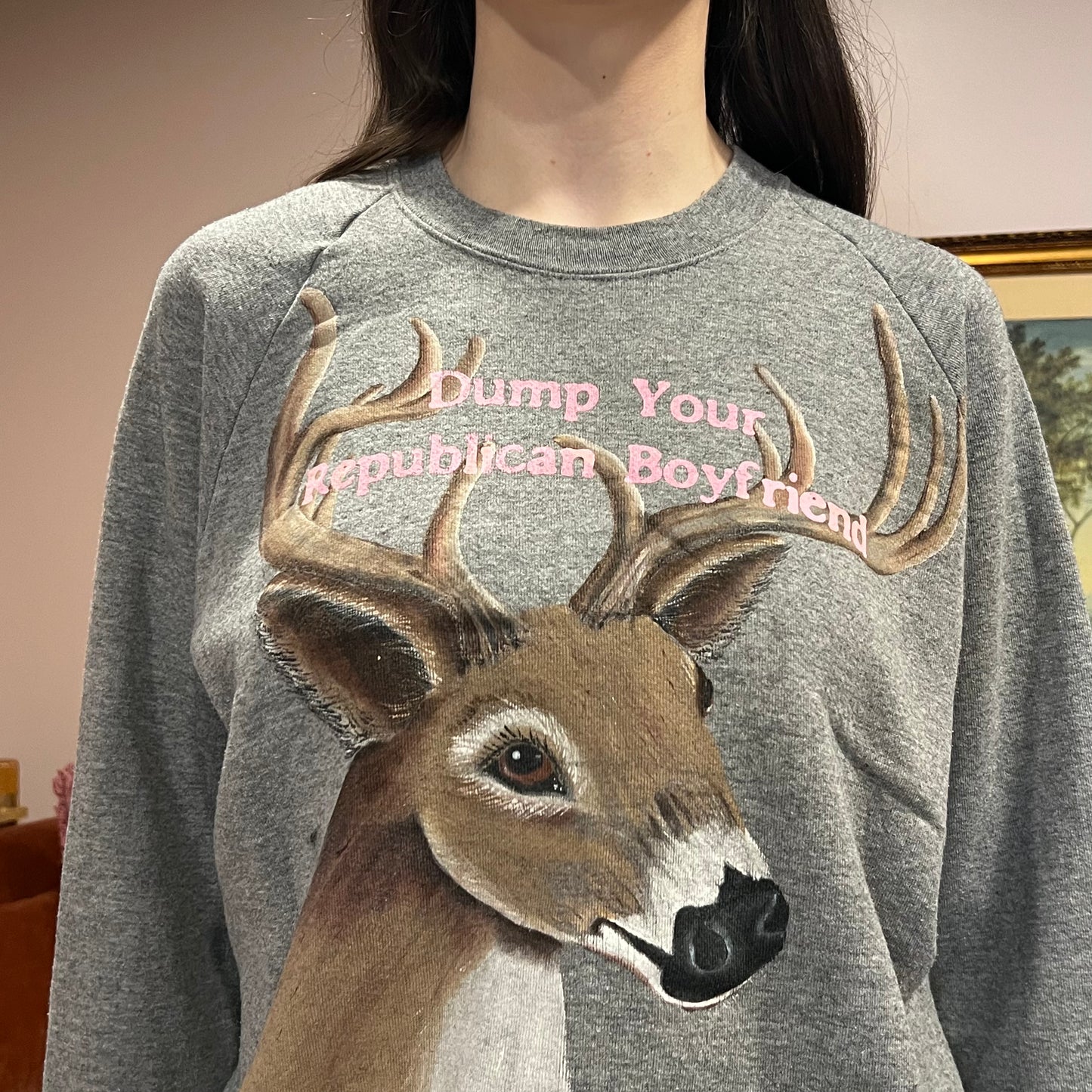 DUMP YOUR REPUBLICAN BOYFRIEND animal crewneck with pink text (XL)
