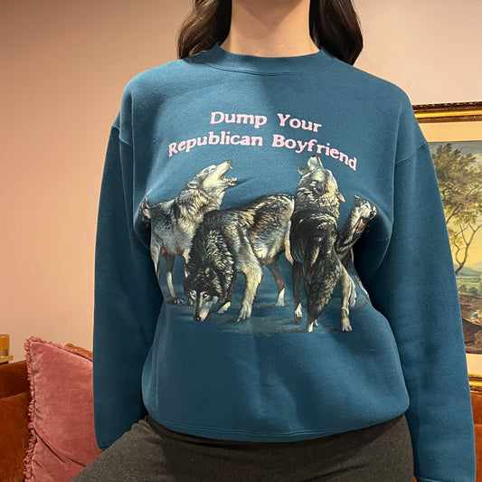 DUMP YOUR REPUBLICAN BOYFRIEND animal crewneck with pink text (M)