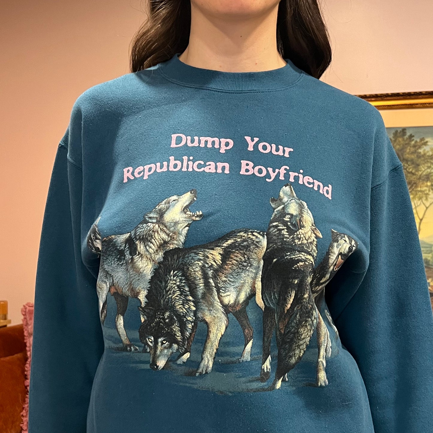 DUMP YOUR REPUBLICAN BOYFRIEND animal crewneck with pink text (M)