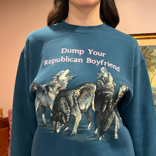 DUMP YOUR REPUBLICAN BOYFRIEND animal crewneck with pink text (M)