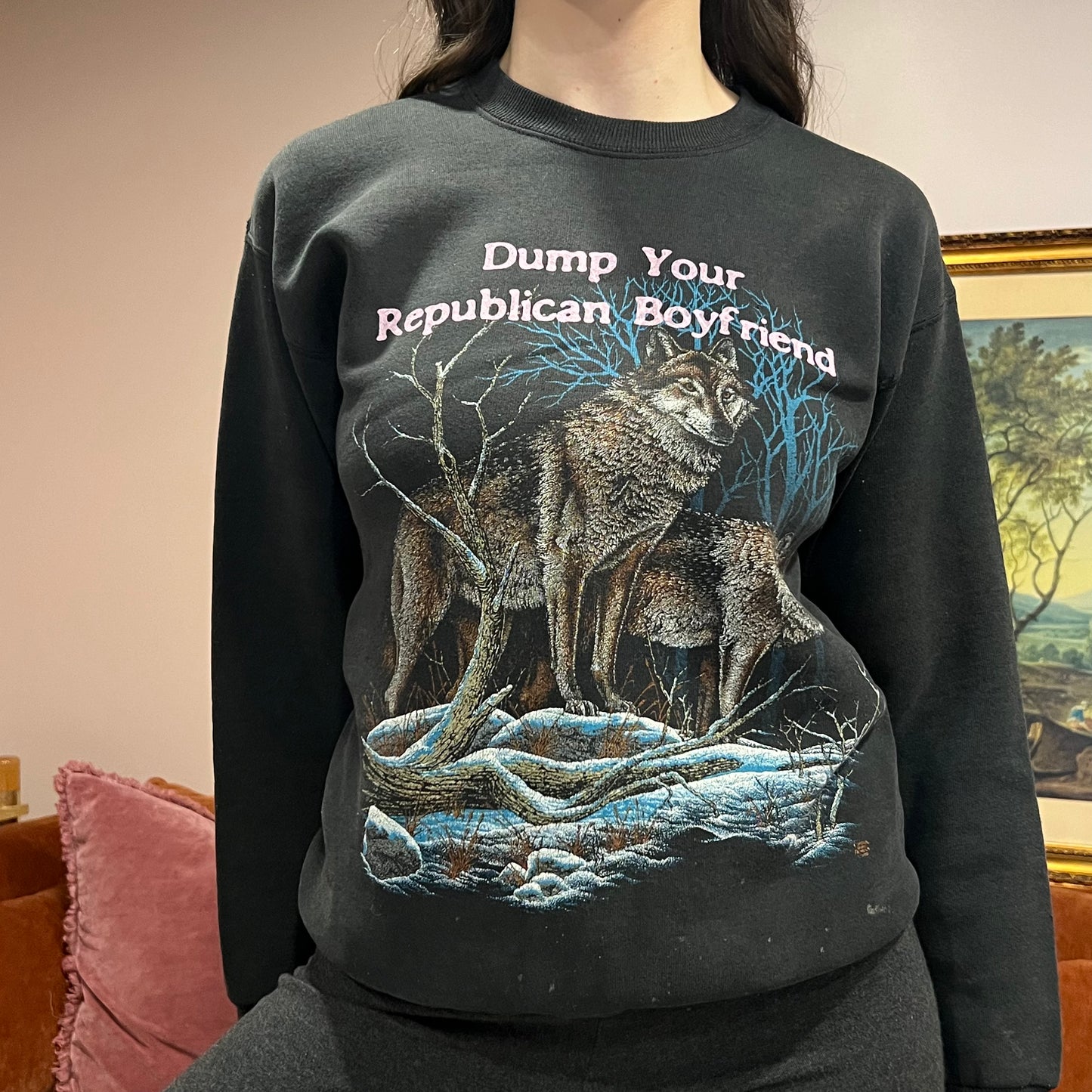 DUMP YOUR REPUBLICAN BOYFRIEND animal crewneck with pink text (M)