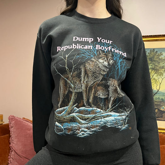 DUMP YOUR REPUBLICAN BOYFRIEND animal crewneck with pink text (M)