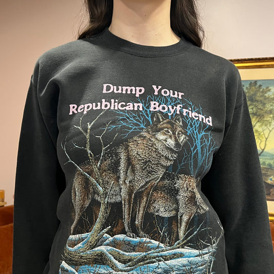 DUMP YOUR REPUBLICAN BOYFRIEND animal crewneck with pink text (M)