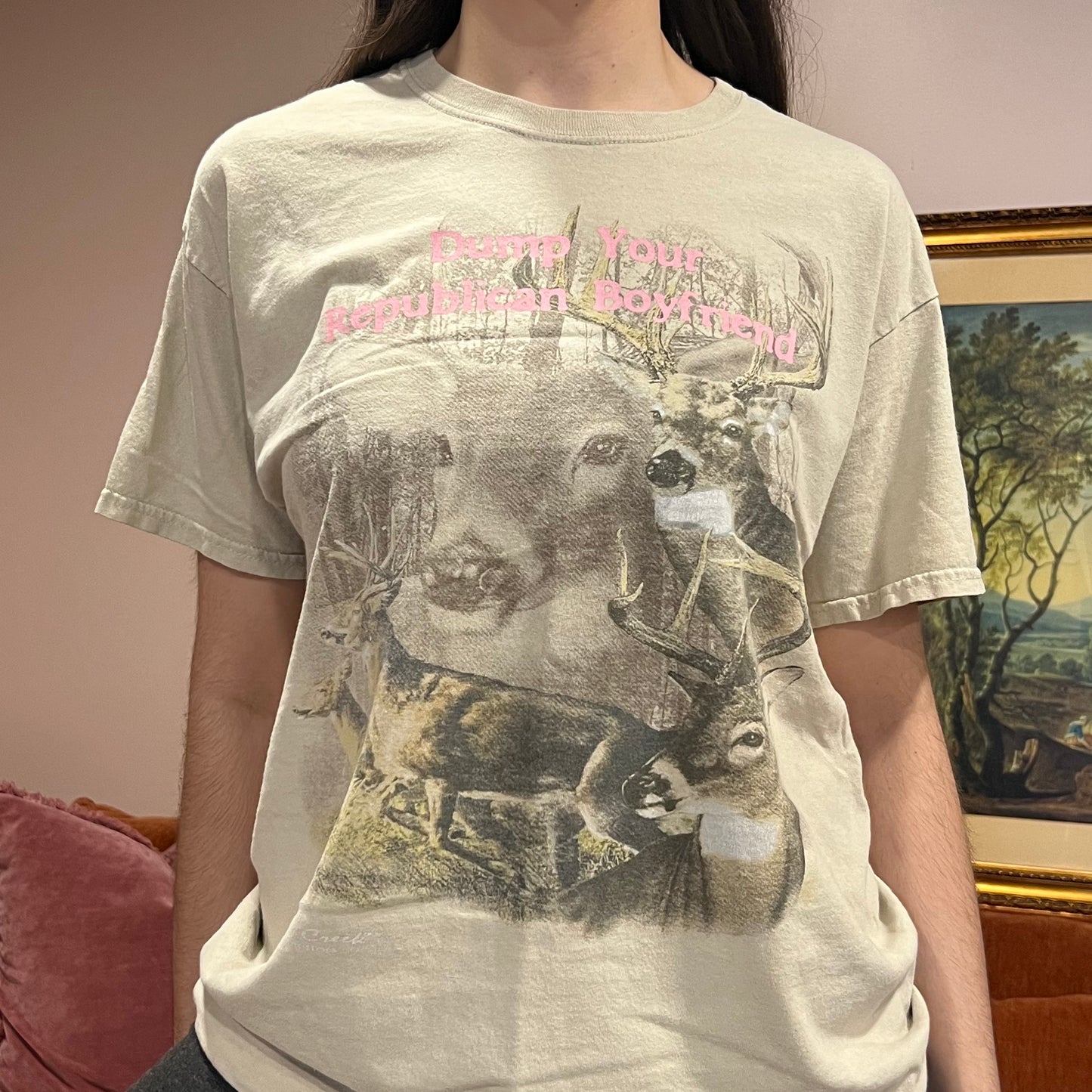 DUMP YOUR REPUBLICAN BOYFRIEND animal t-shirt with pink text (L)