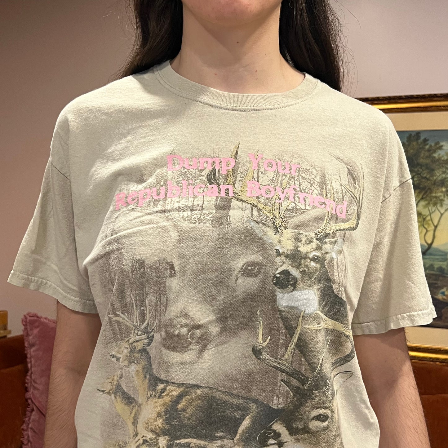 DUMP YOUR REPUBLICAN BOYFRIEND animal t-shirt with pink text (L)