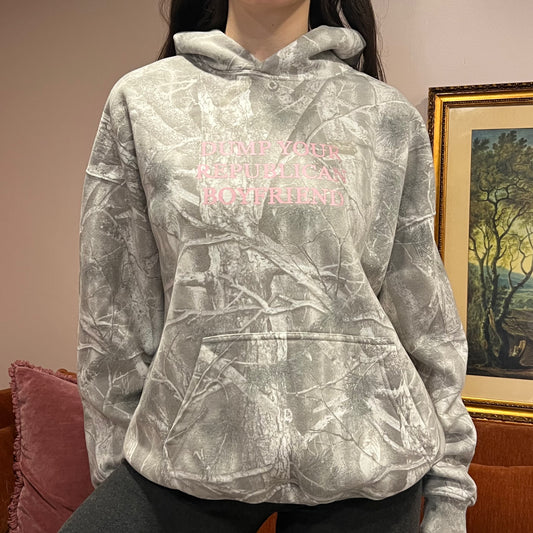 DUMP YOUR REPUBLICAN BOYFRIEND white camo hoodie with pink text (L)
