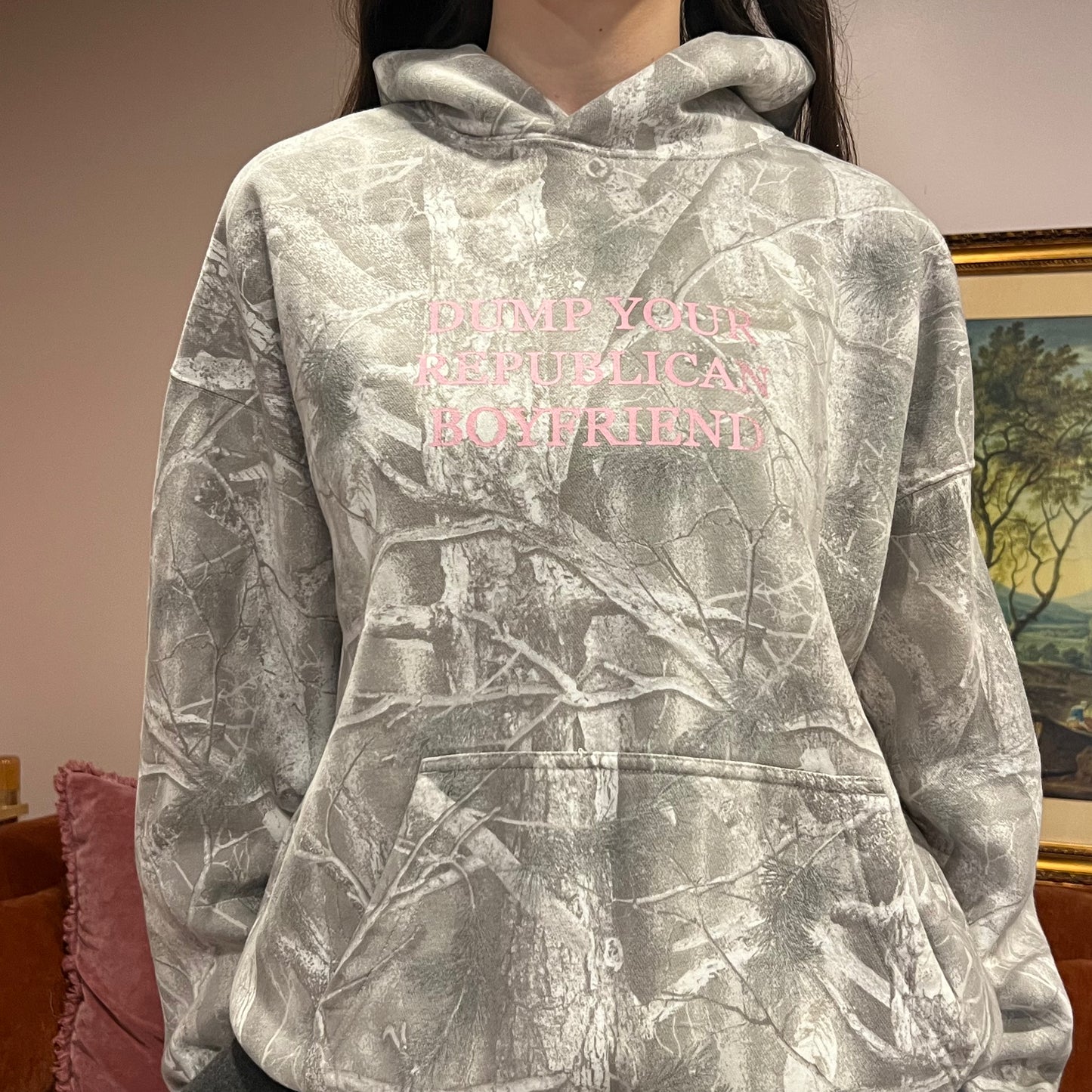 DUMP YOUR REPUBLICAN BOYFRIEND white camo hoodie with pink text (L)