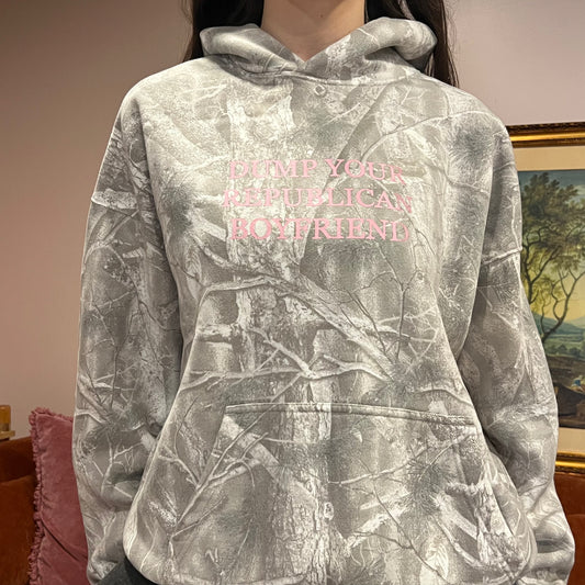 DUMP YOUR REPUBLICAN BOYFRIEND white camo hoodie with pink text (L)