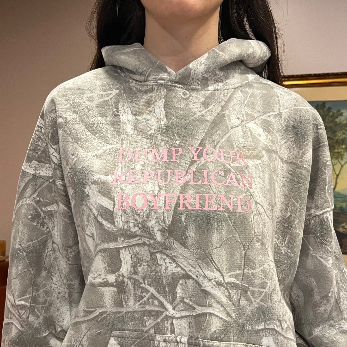 DUMP YOUR REPUBLICAN BOYFRIEND white camo hoodie with pink text (L)
