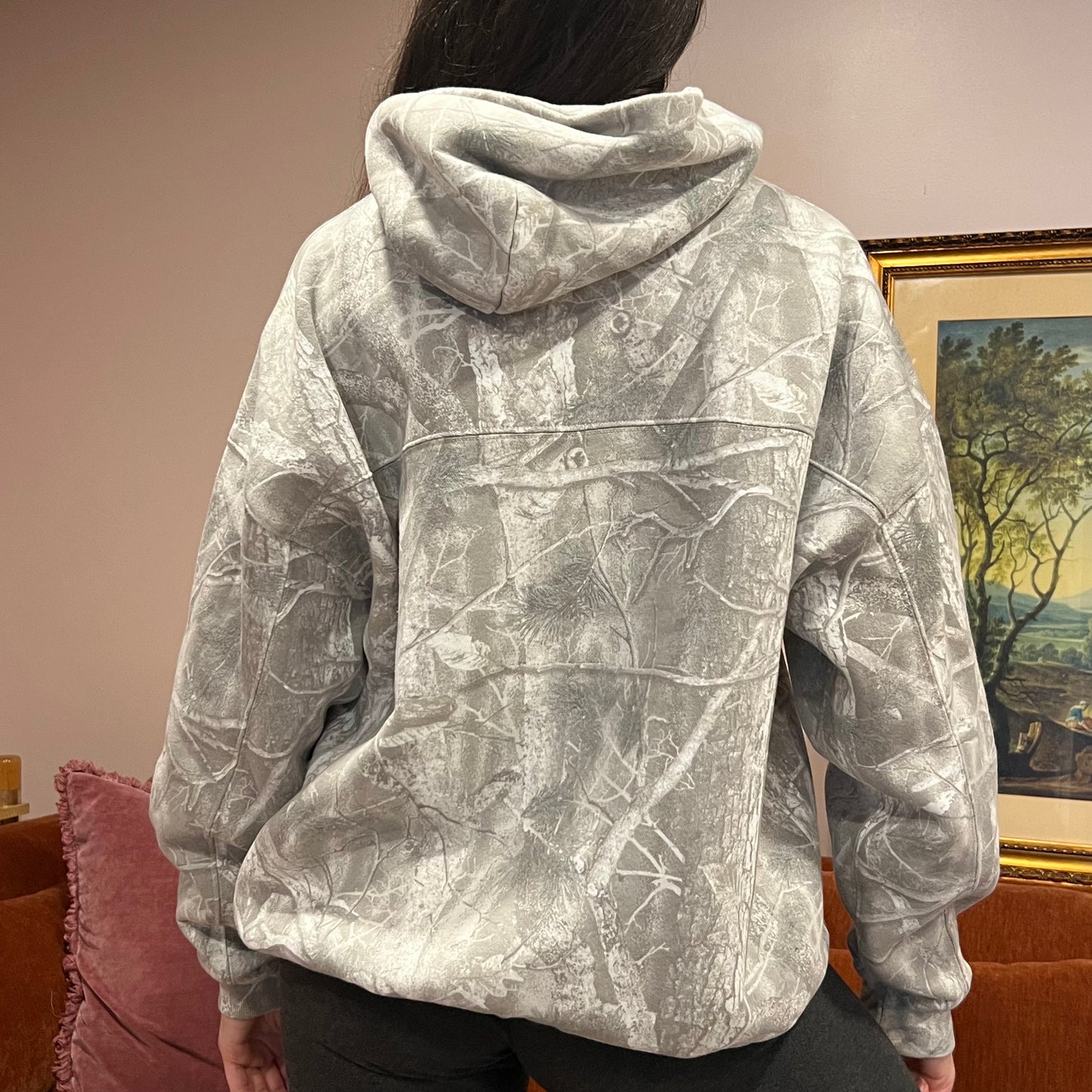 DUMP YOUR REPUBLICAN BOYFRIEND white camo hoodie with pink text (L)