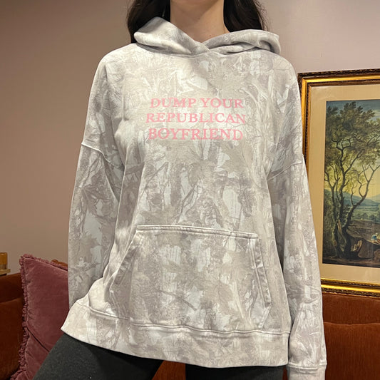 DUMP YOUR REPUBLICAN BOYFRIEND white camo hoodie with pink text (XL)
