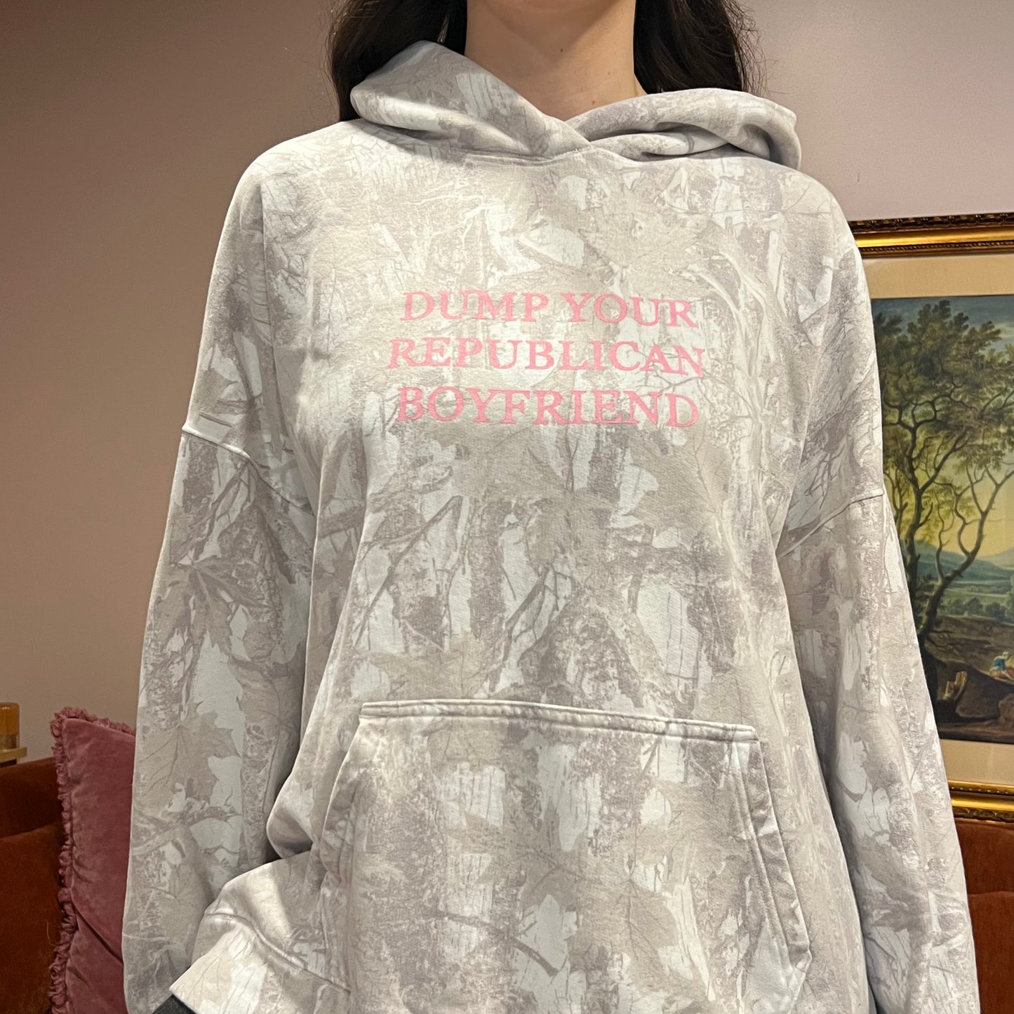 DUMP YOUR REPUBLICAN BOYFRIEND white camo hoodie with pink text (XL)