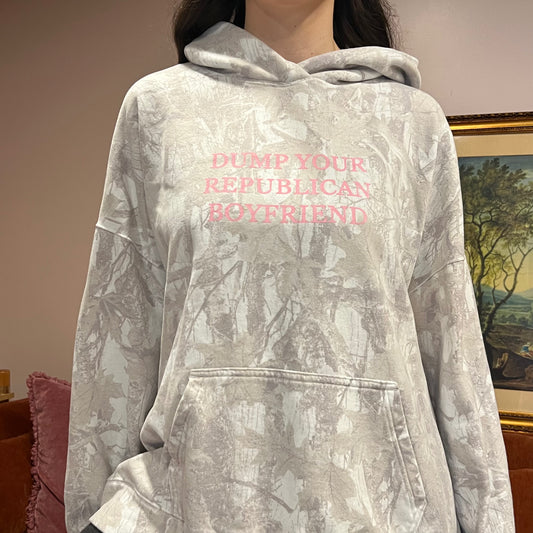 DUMP YOUR REPUBLICAN BOYFRIEND white camo hoodie with pink text (XL)