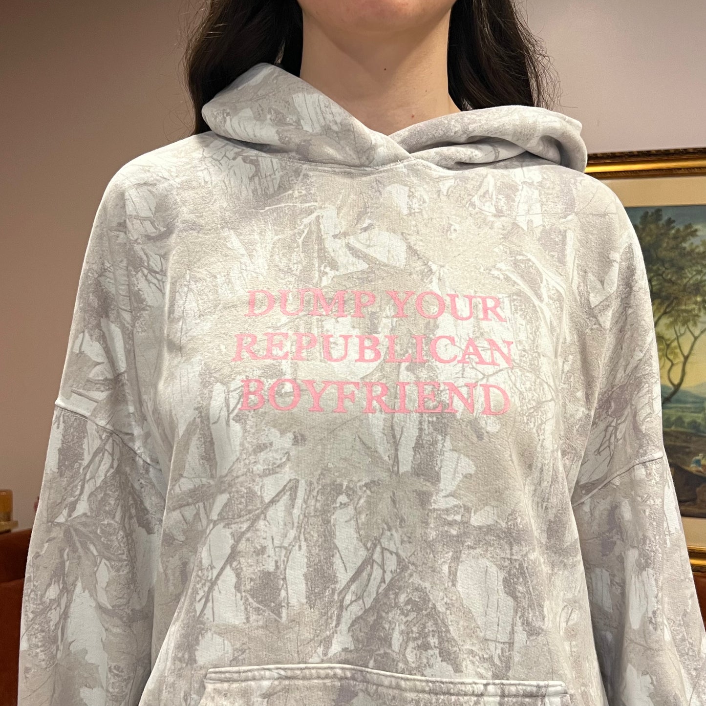 DUMP YOUR REPUBLICAN BOYFRIEND white camo hoodie with pink text (XL)
