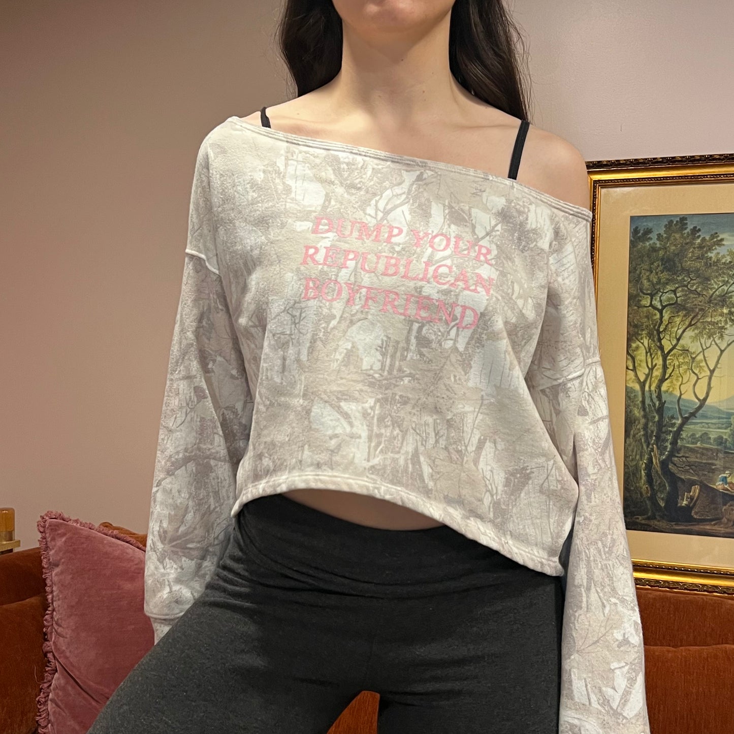DUMP YOUR REPUBLICAN BOYFRIEND white camo crewneck with pink text (S)