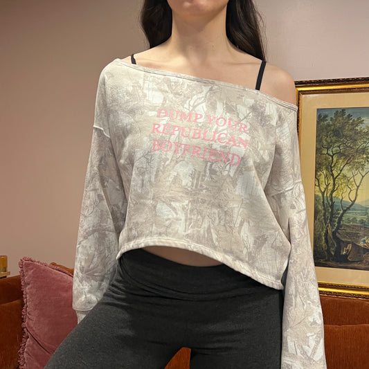 DUMP YOUR REPUBLICAN BOYFRIEND white camo crewneck with pink text (S)