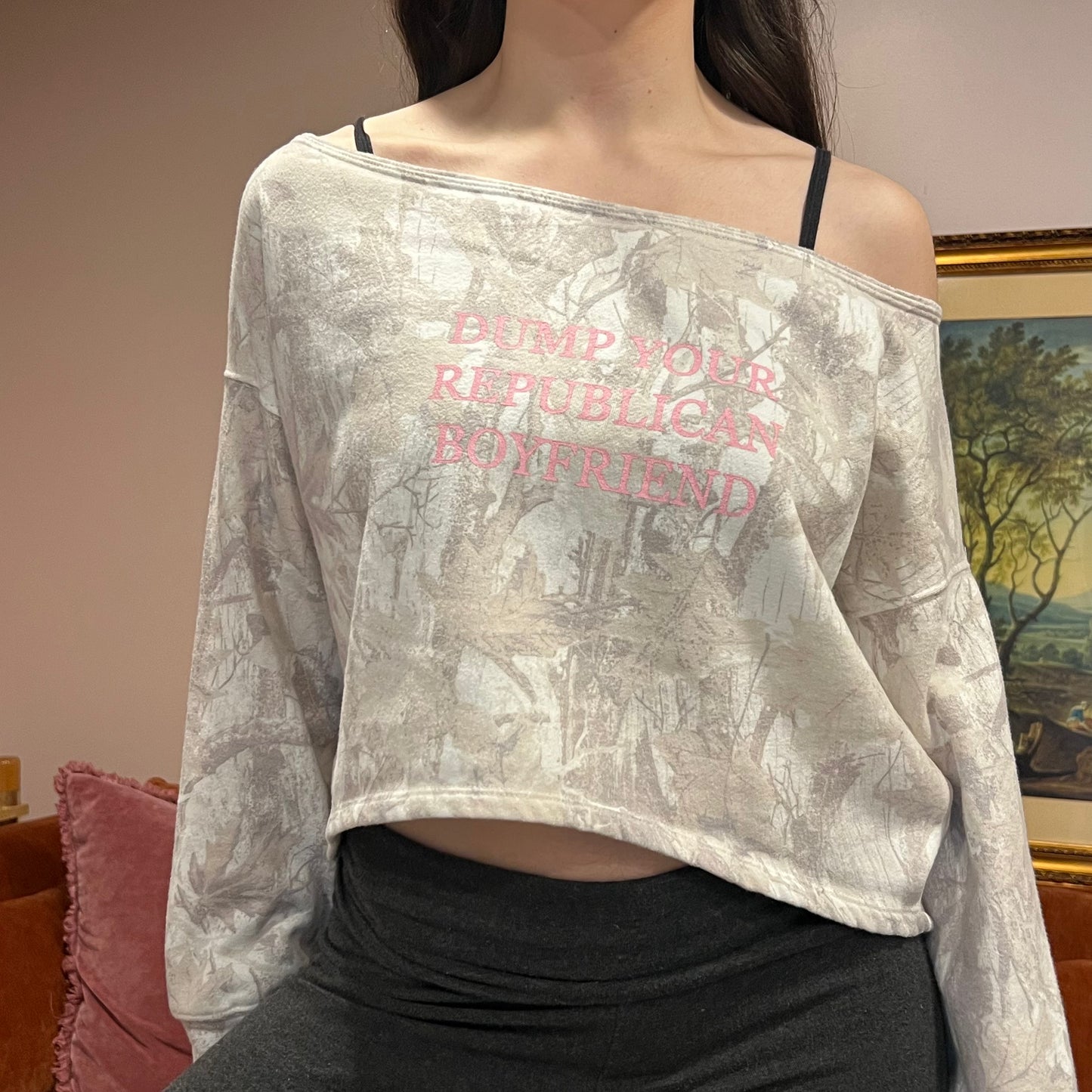 DUMP YOUR REPUBLICAN BOYFRIEND white camo crewneck with pink text (S)