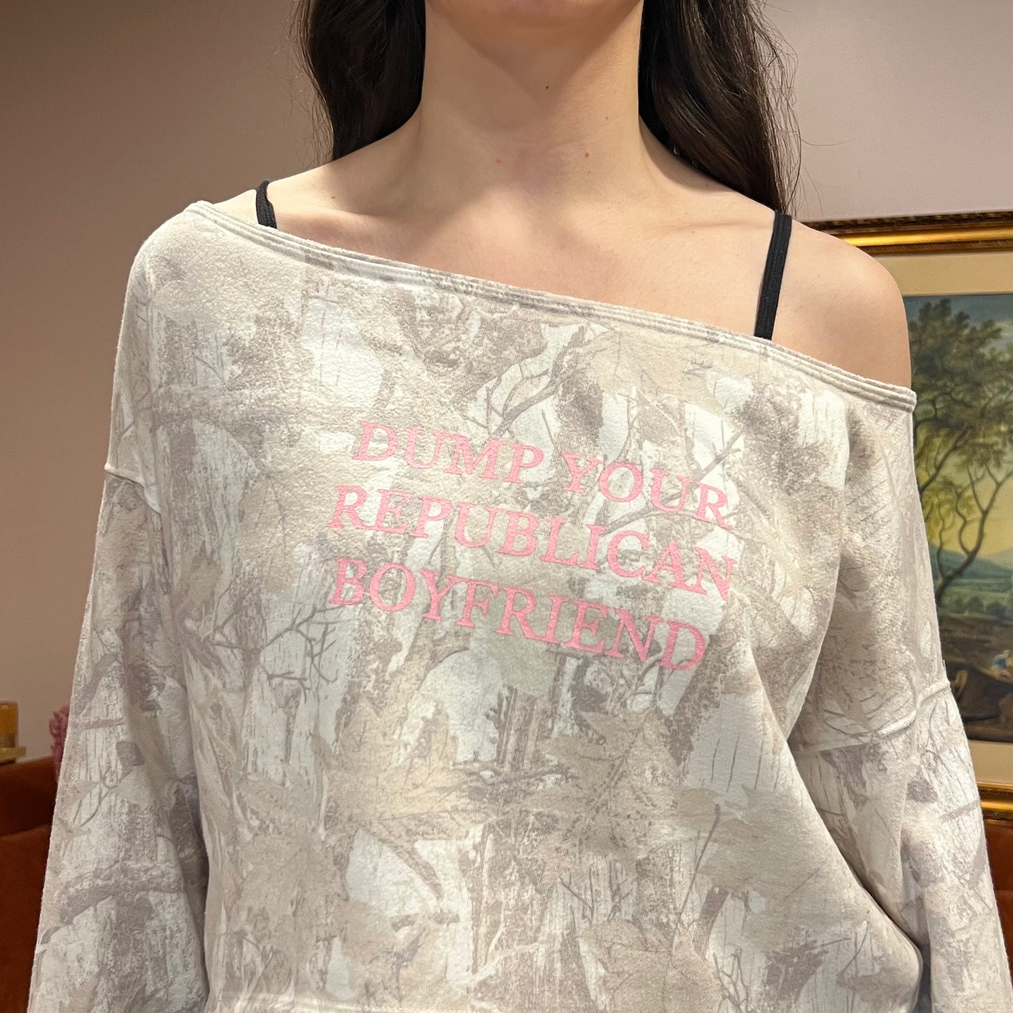DUMP YOUR REPUBLICAN BOYFRIEND white camo crewneck with pink text (S)