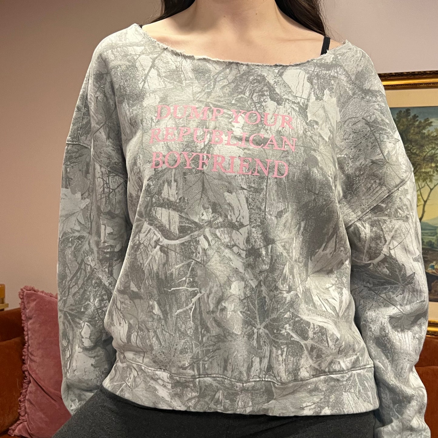 DUMP YOUR REPUBLICAN BOYFRIEND white camo crewneck with pink text (S)