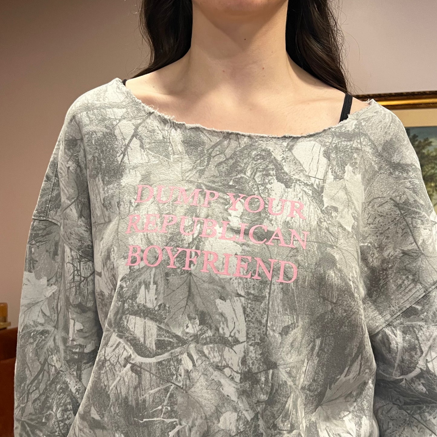 DUMP YOUR REPUBLICAN BOYFRIEND white camo crewneck with pink text (S)