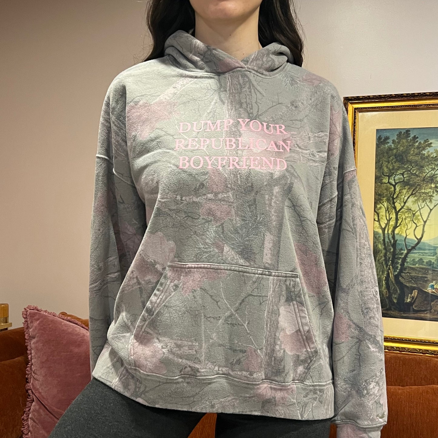 DUMP YOUR REPUBLICAN BOYFRIEND camo hoodie with pink text (L)