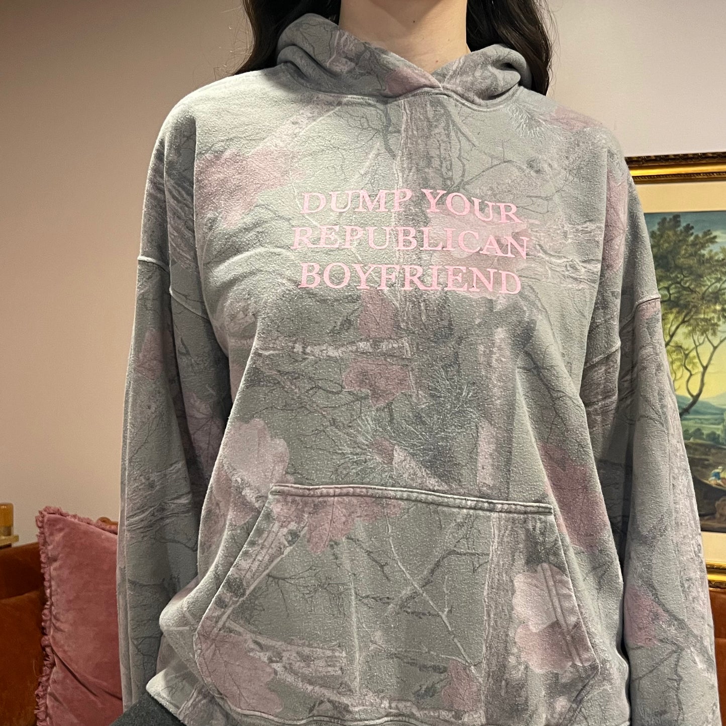 DUMP YOUR REPUBLICAN BOYFRIEND camo hoodie with pink text (L)