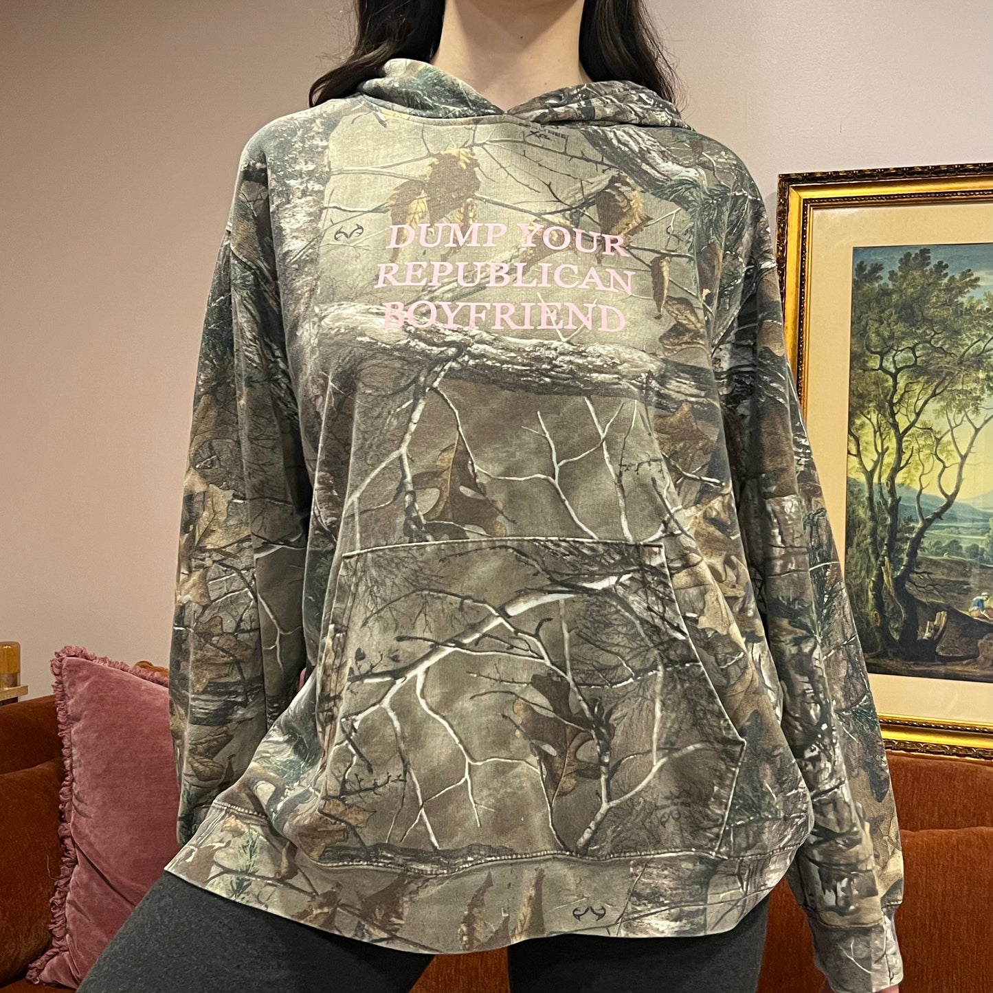 DUMP YOUR REPUBLICAN BOYFRIEND camo hoodie with pink text (XL)