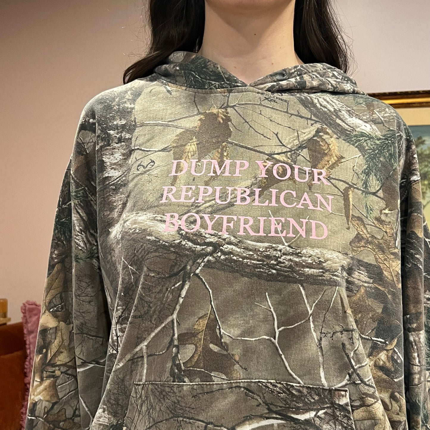 DUMP YOUR REPUBLICAN BOYFRIEND camo hoodie with pink text (XL)