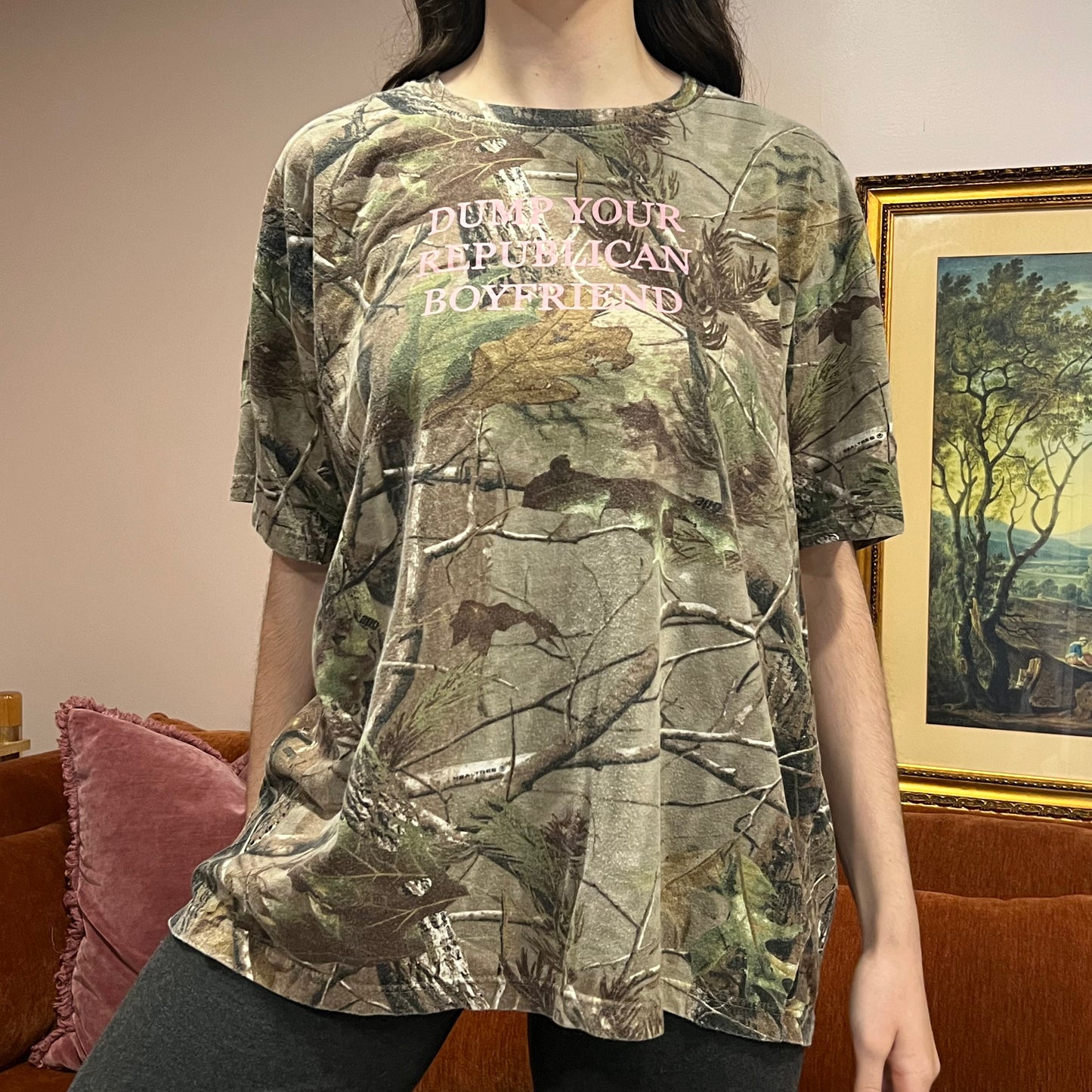 DUMP YOUR REPUBLICAN BOYFRIEND camo t-shirt with pink text (2XL)