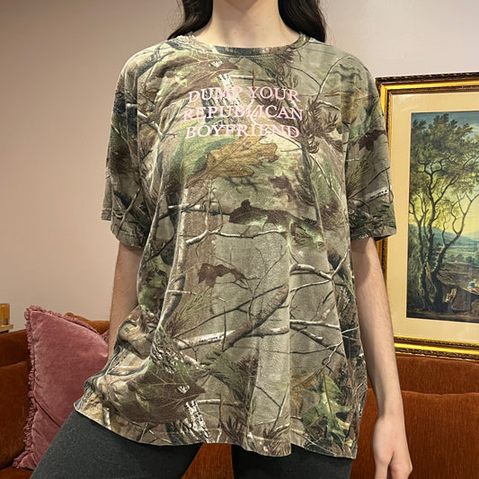 DUMP YOUR REPUBLICAN BOYFRIEND camo t-shirt with pink text (2XL)