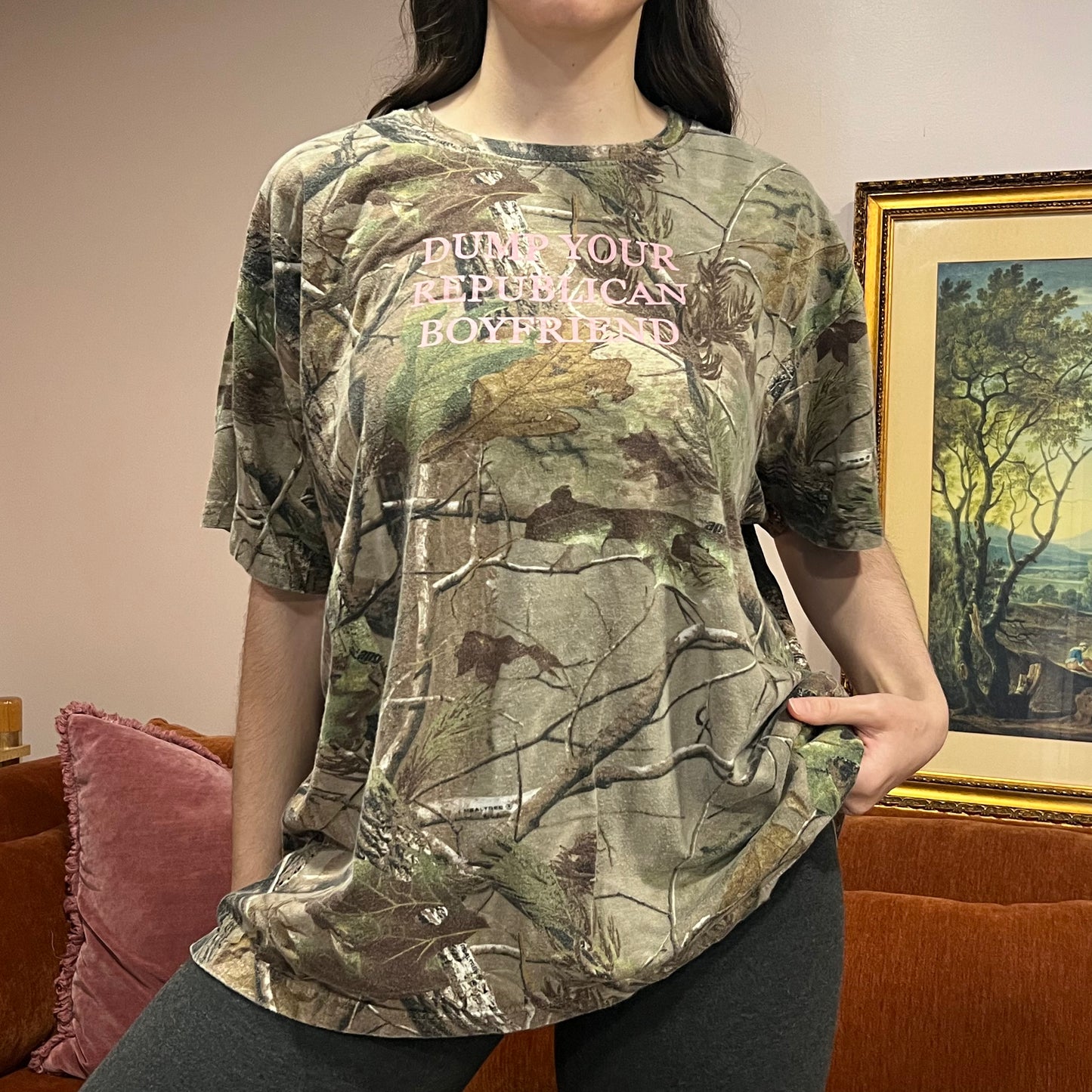 DUMP YOUR REPUBLICAN BOYFRIEND camo t-shirt with pink text (2XL)