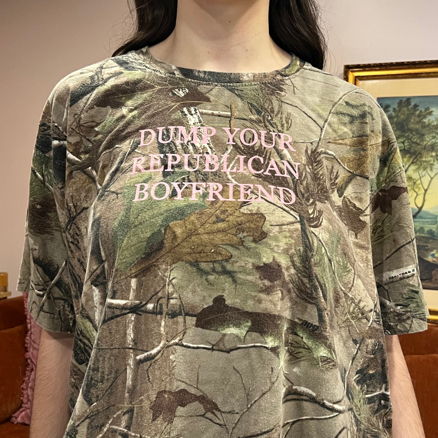 DUMP YOUR REPUBLICAN BOYFRIEND camo t-shirt with pink text (2XL)