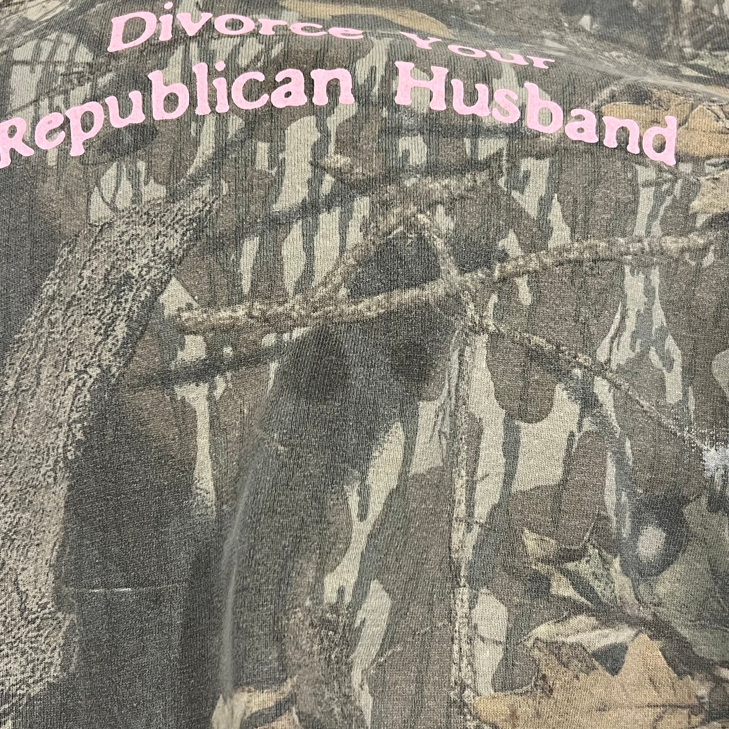 DIVORCE YOUR REPUBLICAN HUSBAND camo crewneck with pink text (2XL)