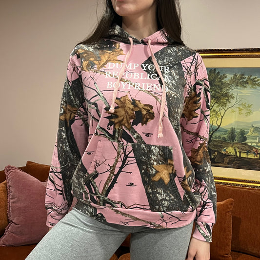 DUMP YOUR REPUBLICAN BOYFRIEND pink camo crewneck with white text (L)