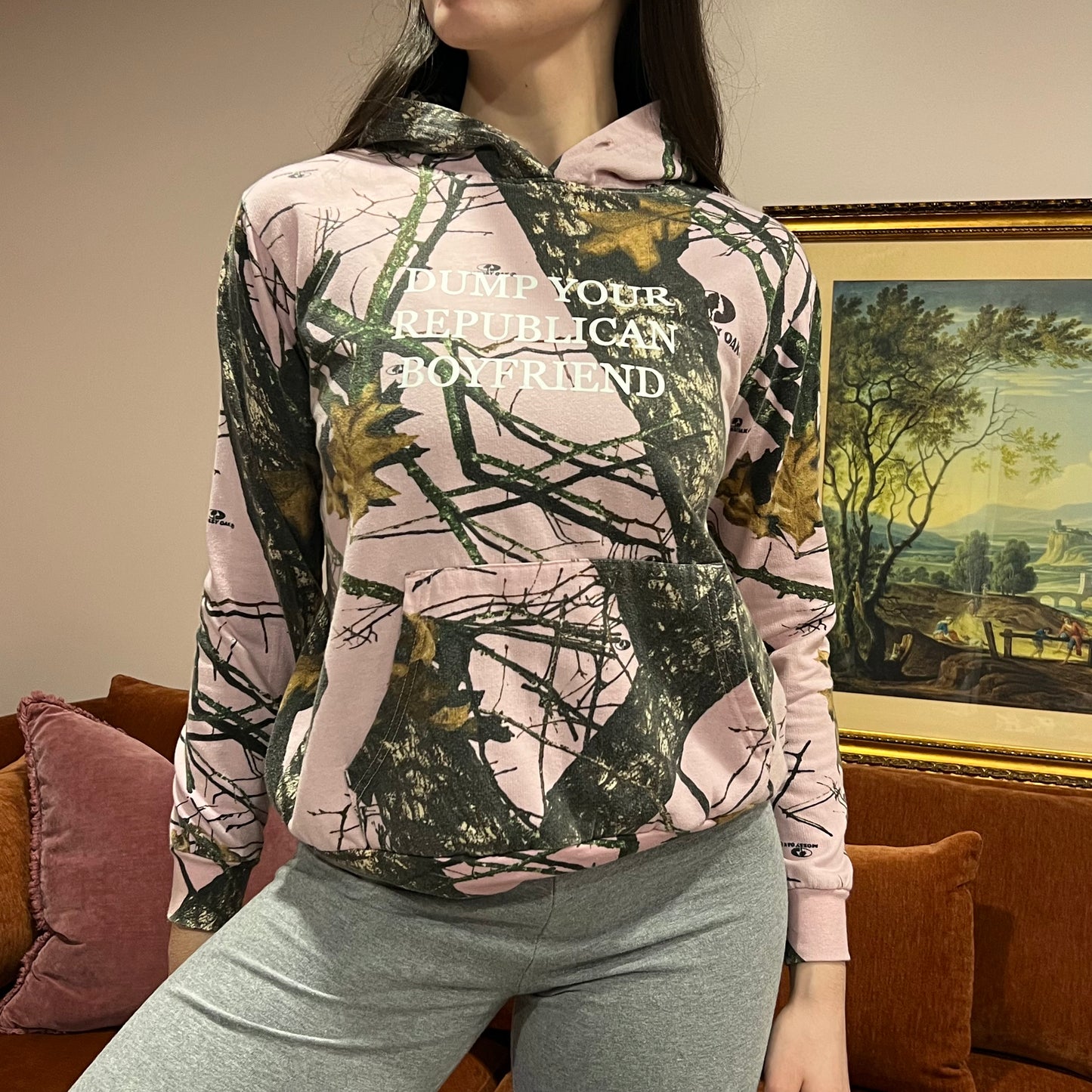 DUMP YOUR REPUBLICAN BOYFRIEND pink camo crewneck with white text (M)